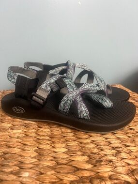 Chaco Sandals - Black Footbed with Teal and Purple Patterned Straps W Sz 10